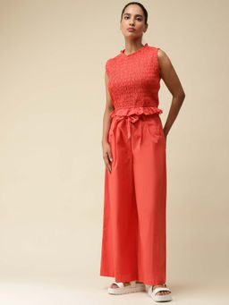 Label Ritu Kumar - Red Smocked Top with Pants (Set of 2)