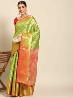 Silk Land - Womens Brocade Soft Silk Green Zari Woven Saree with Unstitched Blouse