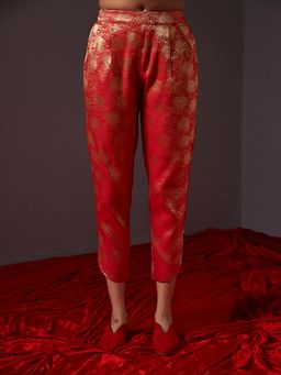 Abhishti - Scarlet Red Curved U Hem Banarasi Zari Pants