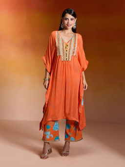Gajra Gang - Orange Chinon Embellished Kaftan and Printed Pant Bandhan Babes (Set Of 2)