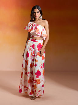 Gajra Gang - Off White Crepe Floral Printed Ruffle Band Bandeau Top and Pant Bandhan Babes (Set Of 3)
