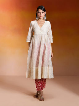 Gajra Gang - Off White Chanderi Long Anarkali Kurta and Red Brocade Pant Hautie Bride (Set Of 2)