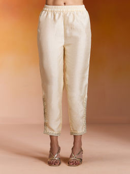 Gajra Gang - Off White Textured Slub Embroidered Slit Pant Taash Panache