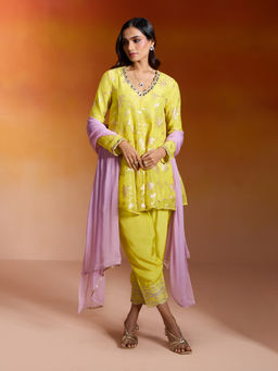 Gajra Gang - Lime Brocade Short Anarkali, Pant & Dupatta Nakhraali Nomads (Set of 3)