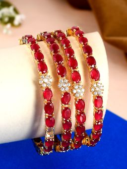 Silvermerc Designs - Gold Plated Red Stone Studded And Pearl Beaded Handcrafted Bangles (Set of 4)