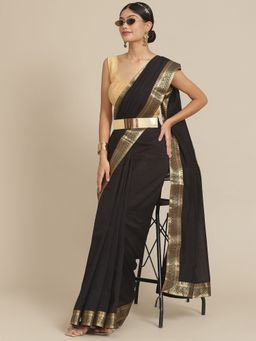 ISHIN - Womens Silk Blend Black Solid Saree with Unstitched Blouse