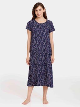 Zivame - Rosaline Eternal Bloom Woven Mid Length Nightdress - Peacoat-Blue