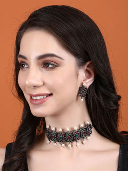 Auraa Trends - Elegant Oxidised Multi-Color Pearls Choker Set For women