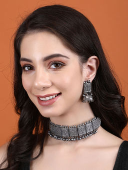 Auraa Trends - Classic Oxidised Grey Choker Necklace Set For women