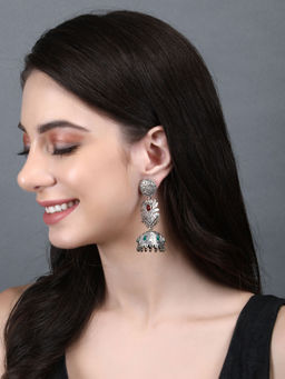 Auraa Trends - Classic Oxidised Red and Green Jhumki Earrings For women