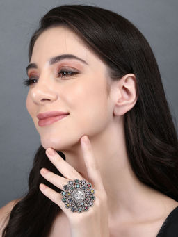 Auraa Trends - Classic Oxidised Navratna Ring For women