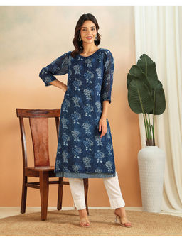 Fabindia - Indigo Cotton Silk Printed Buta Long Kurta with Slip