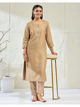 Fabindia - Beige Viscose Silk Stitchline Long Kurta