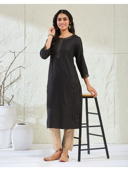 Fabindia - Black Viscose Silk Stitchline Long Kurta