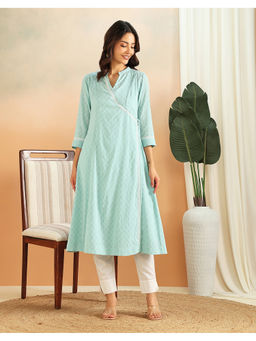 Fabindia - Light Blue Cotton Blend Angrakha Chikankari Long Kurta with Slip