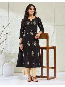 Fabindia - Black Cotton Chikankari Slim Fit Long Kurta