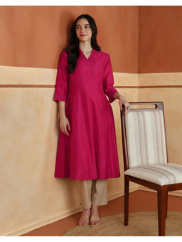 Fabindia - Pink Cotton Silk Embroidered Slim Fit Long Kurta