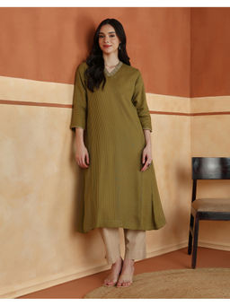 Fabindia - Olive Cotton Silk Embroidered Slim Fit Long Kurta