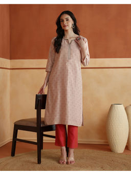 Fabindia - Pink Cotton Silk Hand Block Printed Long Kurta