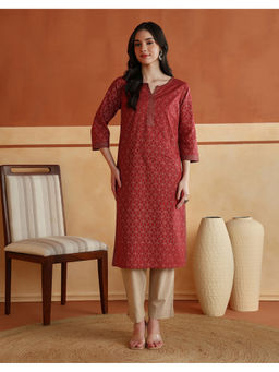 Fabindia - Red Cotton Printed Jaal Long Kurta