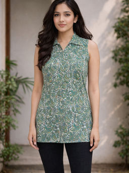 Lative Colours Of Fashion - Paisley Green Petal Flow Short Kurti