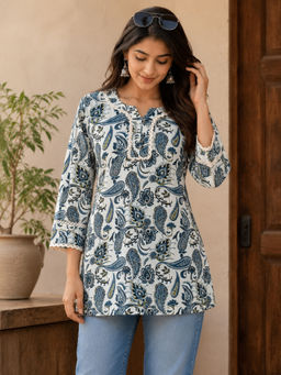 Lative Colours Of Fashion - Off White Paisley Drift Short Kurti