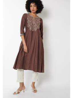 max - Brown Embroidered A-line Kurta