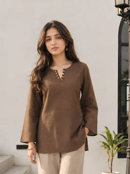 KAFTANIZE - Brown Solid Short Kurti
