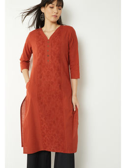 max - Orange Embroidered Straight Kurta