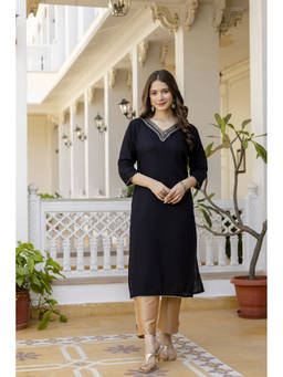 Surhi - Black Cotton Embroidered Kurta