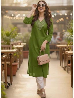 Surhi - Green Cotton Embroidered Kurta