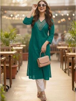 Surhi - Teal Cotton Embroidered Kurta