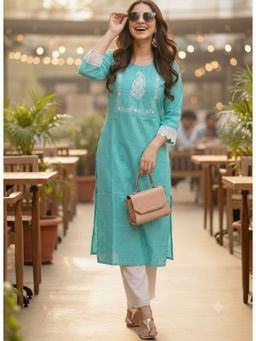Surhi - Aqua Cotton Embroidered Kurta