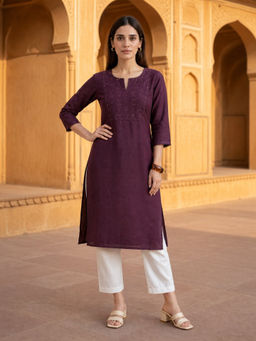 Rangita - Women Wine Embroidery Kurta