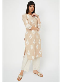 max - Beige Floral Print Straight Kurta