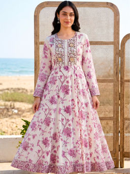 ARAMYA - Off White Soft cotton Anarkali Floral Print Kurta