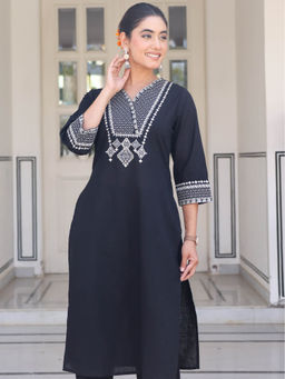 ARAMYA - Black Slub cotton Straight Solid Kurta