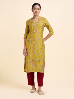 VISMAY - Mustard Mull Chanderi Printed Slitted Kurta