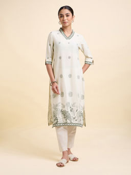 VISMAY - Ivory Coloured Cotton Flax Printed Slitted Kurta