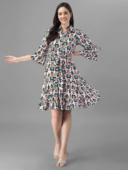 Masakali.Co - Geometric Print Fit Flare Shirt Collar Dress with Belt (Set of 2)