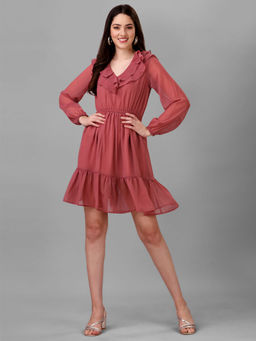 Masakali.Co - Womens Coral Red V-Neck Fit & Flare Knee Length Western Dress