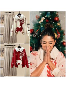 MISS MOSA BY AKANKSHA - Red Reindeer Woolen Sweater and Pant (Set of 2)