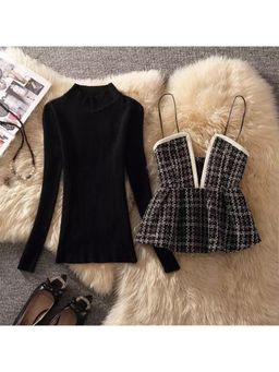 MISS MOSA BY AKANKSHA - Black Samandra Checks with Long Sleeves Top (Set of 2)