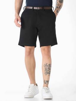 Jack & Jones - Black Solid Plain Casual Shorts with Belt