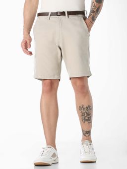 Jack & Jones - Beige Solid Plain Casual Shorts with Belt