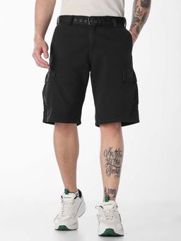 Jack & Jones - Black Solid Plain Casual Shorts with Belt