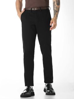 Jack & Jones - Black Solid Plain Casual Chinos with Belt