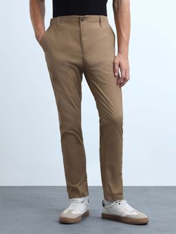 Flying Machine - Khaki Solid Plain Casual Trouser