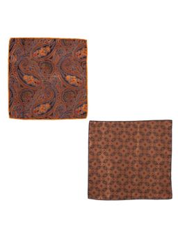 The Tie Hub - Empire Orange Paisley Flower Network Bronze Floral Microfiber Pocket Square (Pack of 2)