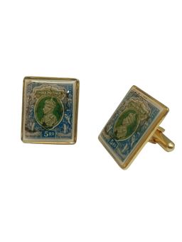 The Tie Hub - Green George VI Indian Stamp Print Cufflink in Gold Polish